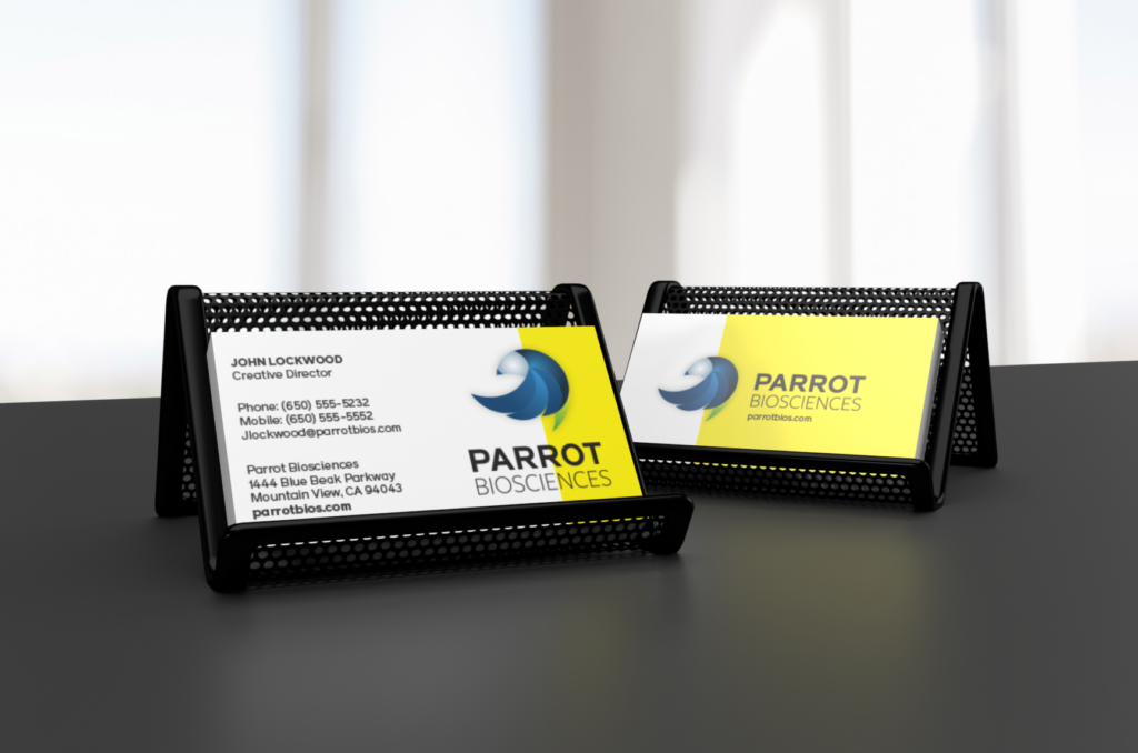 Parrot Biosciences business card featuring the company logo, contact information, and brand colors on both sides