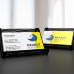 Parrot Biosciences business card featuring the company logo, contact information, and brand colors on both sides