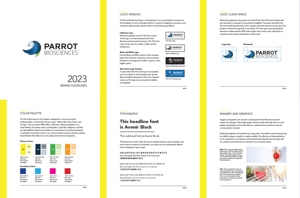 Parrot Biosciences brand guide cover page featuring the company's logo, brand colors, and typography.