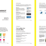 Parrot Biosciences brand guide cover page featuring the company's logo, brand colors, and typography.